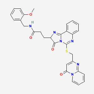 molecular formula C30H26N6O4S B2631054 N-[(2-methoxyphenyl)methyl]-3-{3-oxo-5-[({4-oxo-4H-pyrido[1,2-a]pyrimidin-2-yl}methyl)sulfanyl]-2H,3H-imidazo[1,2-c]quinazolin-2-yl}propanamide CAS No. 1043868-28-5