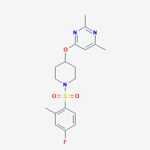 molecular formula C18H22FN3O3S B2631143 4-((1-((4-Fluoro-2-methylphenyl)sulfonyl)piperidin-4-yl)oxy)-2,6-dimethylpyrimidine CAS No. 2034473-84-0