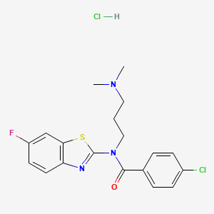 molecular formula C19H20Cl2FN3OS B2631160 4-chloro-N-(3-(dimethylamino)propyl)-N-(6-fluorobenzo[d]thiazol-2-yl)benzamide hydrochloride CAS No. 1215454-60-6
