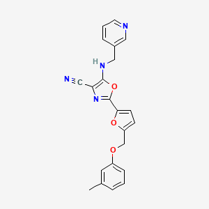 molecular formula C22H18N4O3 B2631179 5-((Pyridin-3-ylmethyl)amino)-2-(5-((m-tolyloxy)methyl)furan-2-yl)oxazole-4-carbonitrile CAS No. 942033-36-5