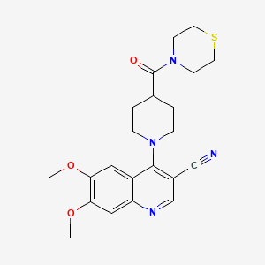molecular formula C22H26N4O3S B2631222 6,7-Dimethoxy-4-(4-(thiomorpholine-4-carbonyl)piperidin-1-yl)quinoline-3-carbonitrile CAS No. 1207013-85-1