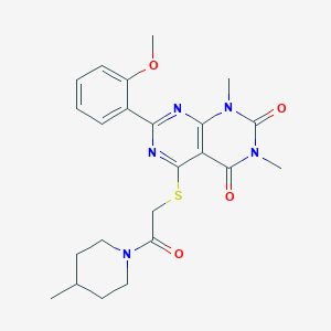 molecular formula C23H27N5O4S B2631227 7-(2-methoxyphenyl)-1,3-dimethyl-5-((2-(4-methylpiperidin-1-yl)-2-oxoethyl)thio)pyrimido[4,5-d]pyrimidine-2,4(1H,3H)-dione CAS No. 893913-31-0