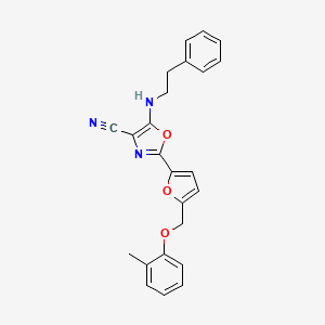 molecular formula C24H21N3O3 B2631235 5-(Phenethylamino)-2-(5-((o-tolyloxy)methyl)furan-2-yl)oxazole-4-carbonitrile CAS No. 942033-40-1