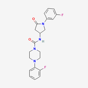 molecular formula C21H22F2N4O2 B2631311 4-(2-fluorophenyl)-N-[1-(3-fluorophenyl)-5-oxopyrrolidin-3-yl]piperazine-1-carboxamide CAS No. 887465-88-5