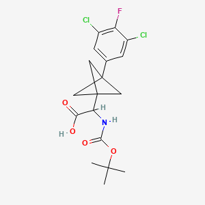 molecular formula C18H20Cl2FNO4 B2631363 2-[3-(3,5-Dichloro-4-fluorophenyl)-1-bicyclo[1.1.1]pentanyl]-2-[(2-methylpropan-2-yl)oxycarbonylamino]acetic acid CAS No. 2287259-64-5