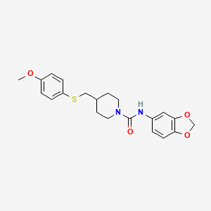 molecular formula C21H24N2O4S B2631364 N-(苯并[d][1,3]二氧杂环-5-基)-4-(((4-甲氧基苯基)硫代)甲基)哌啶-1-甲酰胺 CAS No. 1421445-23-9