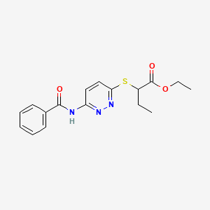 molecular formula C17H19N3O3S B2631534 2-((6-苯甲酰胺嘧啶-3-基)硫代)丁酸乙酯 CAS No. 1021075-32-0