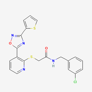 molecular formula C20H15ClN4O2S2 B2631639 N-(3-chlorobenzyl)-2-((3-(3-(thiophen-2-yl)-1,2,4-oxadiazol-5-yl)pyridin-2-yl)thio)acetamide CAS No. 1251602-74-0
