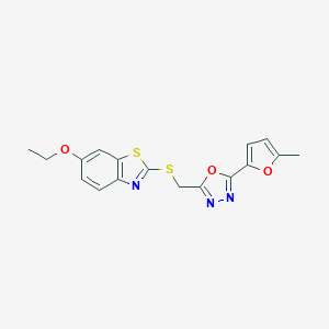 molecular formula C17H15N3O3S2 B263167 2-{[(6-Ethoxy-1,3-benzothiazol-2-yl)sulfanyl]methyl}-5-(5-methyl-2-furyl)-1,3,4-oxadiazole 