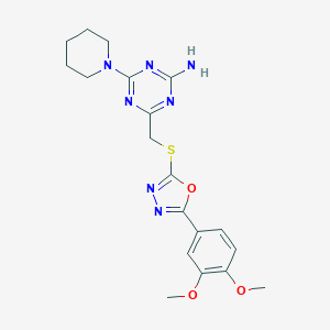 molecular formula C19H23N7O3S B263170 4-({[5-(3,4-Dimethoxyphenyl)-1,3,4-oxadiazol-2-yl]sulfanyl}methyl)-6-piperidino-1,3,5-triazin-2-amine 