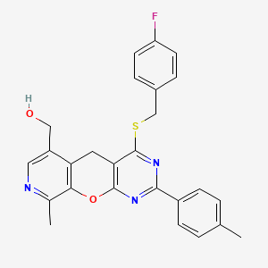 molecular formula C26H22FN3O2S B2631743 (4-((4-fluorobenzyl)thio)-9-methyl-2-(p-tolyl)-5H-pyrido[4',3':5,6]pyrano[2,3-d]pyrimidin-6-yl)methanol CAS No. 892414-93-6