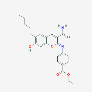 molecular formula C25H28N2O5 B2631795 ethyl 4-{[(2Z)-3-carbamoyl-6-hexyl-7-hydroxy-2H-chromen-2-ylidene]amino}benzoate CAS No. 330157-61-4
