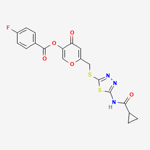 6-(((5-(cyclopropanecarboxamido)-1,3,4-thiadiazol-2-yl)thio)methyl)-4-oxo-4H-pyran-3-yl 4-fluorobenzoate