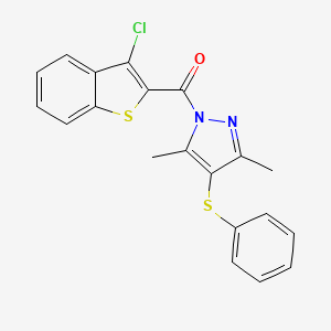 molecular formula C20H15ClN2OS2 B2631861 (3-氯苯并[b]噻吩-2-基)(3,5-二甲基-4-(苯硫基)-1H-吡唑-1-基)甲酮 CAS No. 366479-63-2