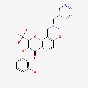 molecular formula C25H19F3N2O5 B2631922 3-(3-methoxyphenoxy)-9-(pyridin-3-ylmethyl)-2-(trifluoromethyl)-9,10-dihydrochromeno[8,7-e][1,3]oxazin-4(8H)-one CAS No. 951964-82-2