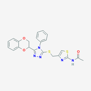 molecular formula C22H19N5O3S2 B263193 N-[4-({[5-(2,3-dihydro-1,4-benzodioxin-2-yl)-4-phenyl-4H-1,2,4-triazol-3-yl]sulfanyl}methyl)-1,3-thiazol-2-yl]acetamide 