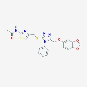 molecular formula C22H19N5O4S2 B263196 N-{4-[({5-[(1,3-benzodioxol-5-yloxy)methyl]-4-phenyl-4H-1,2,4-triazol-3-yl}sulfanyl)methyl]-1,3-thiazol-2-yl}acetamide 