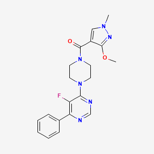 molecular formula C20H21FN6O2 B2631986 [4-(5-Fluoro-6-phenylpyrimidin-4-yl)piperazin-1-yl]-(3-methoxy-1-methylpyrazol-4-yl)methanone CAS No. 2380039-85-8