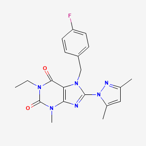 molecular formula C20H21FN6O2 B2632070 8-(3,5-dimethyl-1H-pyrazol-1-yl)-1-ethyl-7-(4-fluorobenzyl)-3-methyl-1H-purine-2,6(3H,7H)-dione CAS No. 1013970-50-7