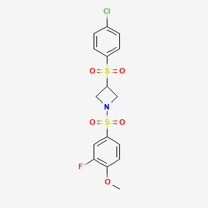 molecular formula C16H15ClFNO5S2 B2632094 3-((4-Chlorophenyl)sulfonyl)-1-((3-fluoro-4-methoxyphenyl)sulfonyl)azetidine CAS No. 1448047-40-2