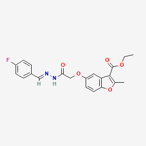 molecular formula C21H19FN2O5 B2632138 (E)-乙基5-(2-(2-(4-氟苄叉)-肼基)-2-氧代乙氧基)-2-甲基苯并呋喃-3-羧酸酯 CAS No. 385418-25-7