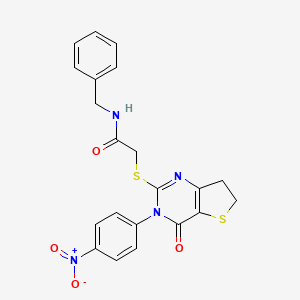 molecular formula C21H18N4O4S2 B2632158 N-benzyl-2-((3-(4-nitrophenyl)-4-oxo-3,4,6,7-tetrahydrothieno[3,2-d]pyrimidin-2-yl)thio)acetamide CAS No. 687568-94-1