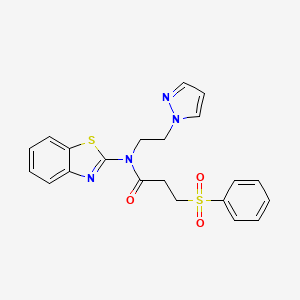 molecular formula C21H20N4O3S2 B2632168 N-(2-(1H-吡唑-1-基)乙基)-N-(苯并[d]噻唑-2-基)-3-(苯磺酰基)丙酰胺 CAS No. 1172952-10-1