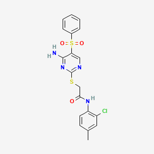 molecular formula C19H17ClN4O3S2 B2632205 2-((4-amino-5-(phenylsulfonyl)pyrimidin-2-yl)thio)-N-(2-chloro-4-methylphenyl)acetamide CAS No. 894945-72-3