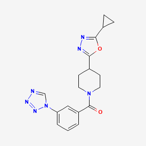 molecular formula C18H19N7O2 B2632221 （3-(1H-四唑-1-基)苯基)(4-(5-环丙基-1,3,4-恶二唑-2-基)哌啶-1-基)甲酮 CAS No. 1210322-20-5