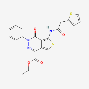 molecular formula C21H17N3O4S2 B2632235 4-氧代-3-苯基-5-(2-(噻吩-2-基)乙酰氨基)-3,4-二氢噻吩并[3,4-d]哒嗪-1-羧酸乙酯 CAS No. 851947-65-4