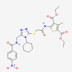 molecular formula C29H34N6O8S2 B2632263 Diethyl 5-[[2-[[4-cyclohexyl-5-[[(4-nitrobenzoyl)amino]methyl]-1,2,4-triazol-3-yl]sulfanyl]acetyl]amino]-3-methylthiophene-2,4-dicarboxylate CAS No. 393849-13-3