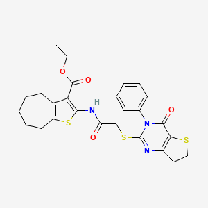 molecular formula C26H27N3O4S3 B2632305 ethyl 2-(2-((4-oxo-3-phenyl-3,4,6,7-tetrahydrothieno[3,2-d]pyrimidin-2-yl)thio)acetamido)-5,6,7,8-tetrahydro-4H-cyclohepta[b]thiophene-3-carboxylate CAS No. 850915-21-8