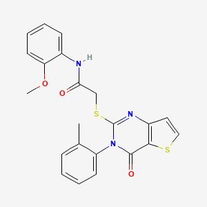molecular formula C22H19N3O3S2 B2632358 N-(2-methoxyphenyl)-2-{[3-(2-methylphenyl)-4-oxo-3,4-dihydrothieno[3,2-d]pyrimidin-2-yl]sulfanyl}acetamide CAS No. 1291862-68-4