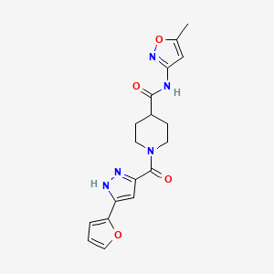 molecular formula C18H19N5O4 B2632380 1-(3-(furan-2-yl)-1H-pyrazole-5-carbonyl)-N-(5-methylisoxazol-3-yl)piperidine-4-carboxamide CAS No. 1301766-76-6