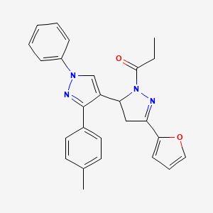 molecular formula C26H24N4O2 B2632399 1-[5-(furan-2-yl)-3'-(4-methylphenyl)-1'-phenyl-3,4-dihydro-1'H,2H-[3,4'-bipyrazole]-2-yl]propan-1-one CAS No. 1017499-94-3
