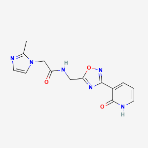 molecular formula C14H14N6O3 B2632483 2-(2-methyl-1H-imidazol-1-yl)-N-((3-(2-oxo-1,2-dihydropyridin-3-yl)-1,2,4-oxadiazol-5-yl)methyl)acetamide CAS No. 2034349-97-6