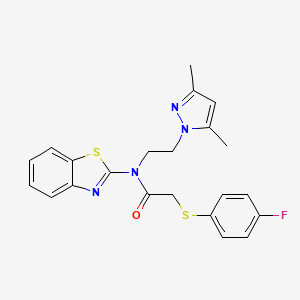 molecular formula C22H21FN4OS2 B2632490 N-(benzo[d]thiazol-2-yl)-N-(2-(3,5-dimethyl-1H-pyrazol-1-yl)ethyl)-2-((4-fluorophenyl)thio)acetamide CAS No. 1171879-49-4