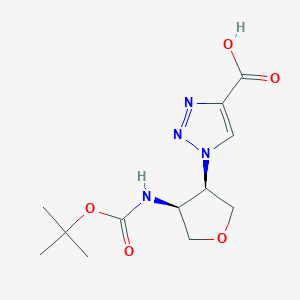 molecular formula C12H18N4O5 B2632503 1-[(3R,4S)-4-[(2-Methylpropan-2-yl)oxycarbonylamino]oxolan-3-yl]triazole-4-carboxylic acid CAS No. 2375249-10-6