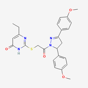molecular formula C25H26N4O4S B2632549 2-((2-(3,5-bis(4-methoxyphenyl)-4,5-dihydro-1H-pyrazol-1-yl)-2-oxoethyl)thio)-6-ethylpyrimidin-4(3H)-one CAS No. 900007-86-5
