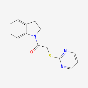 molecular formula C14H13N3OS B2632582 1-(Indolin-1-yl)-2-(pyrimidin-2-ylthio)ethanone 