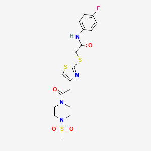 molecular formula C18H21FN4O4S3 B2632587 N-(4-氟苯基)-2-((4-(2-(4-(甲基磺酰基)哌嗪-1-基)-2-氧代乙基)噻唑-2-基)硫代)乙酰胺 CAS No. 1203284-66-5