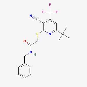 molecular formula C20H20F3N3OS B2632633 N-苄基-2-{[6-叔丁基-3-氰基-4-(三氟甲基)吡啶-2-基]硫代}乙酰胺 CAS No. 905772-73-8