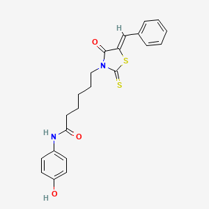 molecular formula C22H22N2O3S2 B2632647 (Z)-6-(5-benzylidene-4-oxo-2-thioxothiazolidin-3-yl)-N-(4-hydroxyphenyl)hexanamide CAS No. 303792-84-9