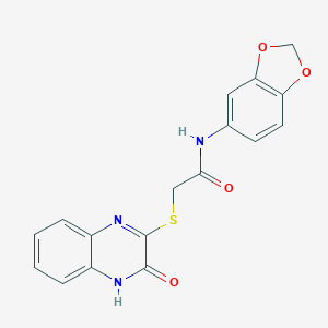 molecular formula C17H13N3O4S B263268 N-(1,3-benzodioxol-5-yl)-2-[(3-oxo-3,4-dihydroquinoxalin-2-yl)sulfanyl]acetamide 