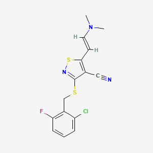 molecular formula C15H13ClFN3S2 B2632778 3-[(2-chloro-6-fluorophenyl)methylsulfanyl]-5-[(E)-2-(dimethylamino)ethenyl]-1,2-thiazole-4-carbonitrile CAS No. 338778-67-9
