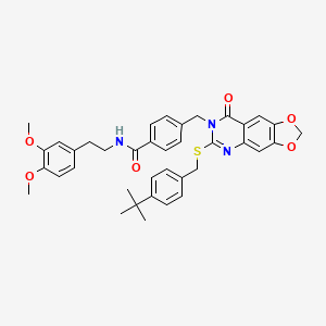 molecular formula C38H39N3O6S B2632782 4-((6-((4-(tert-butyl)benzyl)thio)-8-oxo-[1,3]dioxolo[4,5-g]quinazolin-7(8H)-yl)methyl)-N-(3,4-dimethoxyphenethyl)benzamide CAS No. 688062-17-1