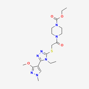 molecular formula C18H27N7O4S B2632788 4-(2-((4-乙基-5-(3-甲氧基-1-甲基-1H-吡唑-4-基)-4H-1,2,4-三唑-3-基)硫代)乙酰基)哌嗪-1-羧酸乙酯 CAS No. 1014052-95-9