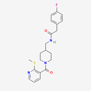 molecular formula C21H24FN3O2S B2632804 2-(4-fluorophenyl)-N-((1-(2-(methylthio)nicotinoyl)piperidin-4-yl)methyl)acetamide CAS No. 1235643-50-1