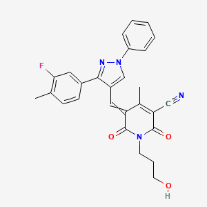 molecular formula C27H23FN4O3 B2632810 5-{[3-(3-fluoro-4-methylphenyl)-1-phenyl-1H-pyrazol-4-yl]methylidene}-1-(3-hydroxypropyl)-4-methyl-2,6-dioxo-1,2,5,6-tetrahydropyridine-3-carbonitrile CAS No. 1017499-43-2