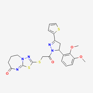 molecular formula C23H23N5O4S3 B2632827 2-((2-(5-(2,3-dimethoxyphenyl)-3-(thiophen-2-yl)-4,5-dihydro-1H-pyrazol-1-yl)-2-oxoethyl)thio)-6,7-dihydro-[1,3,4]thiadiazolo[3,2-a][1,3]diazepin-8(5H)-one CAS No. 497063-84-0